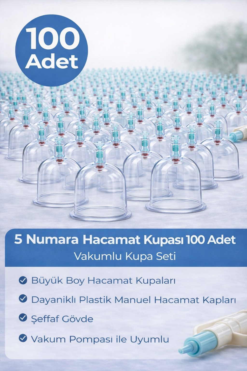 5 Numara Hacamat Kupası 100 Adet Vakumlu Kupa Seti – Manuel Pompa Uyumlu Şeffaf Plastik Büyük Boy Hacamat Kabı