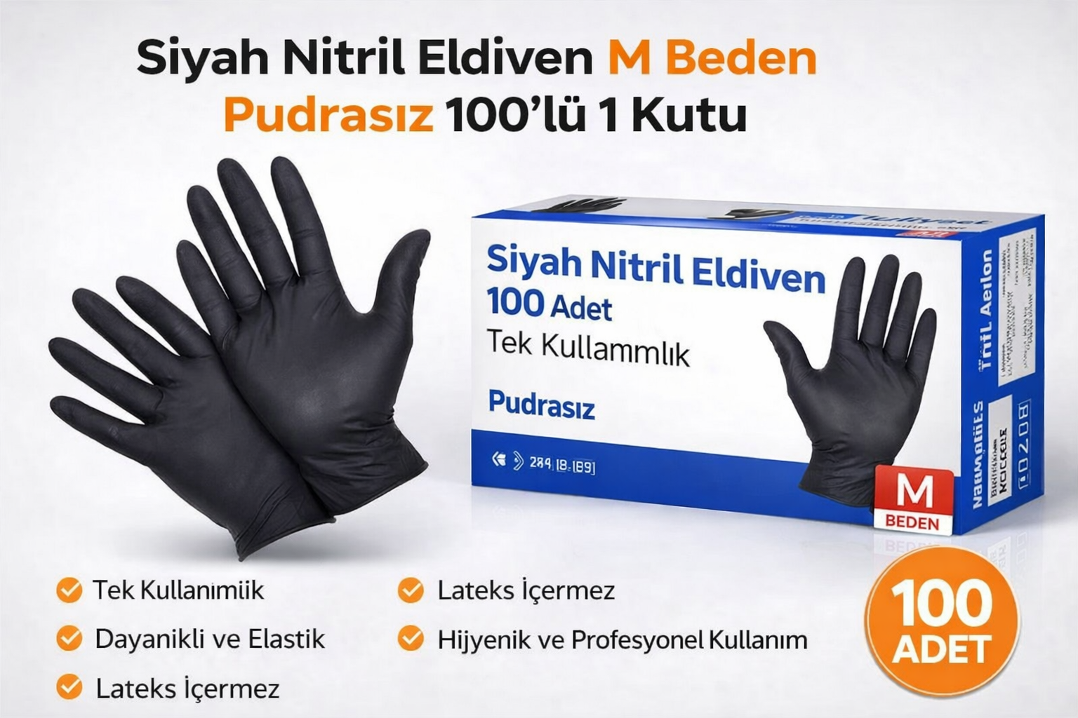 Siyah Nitril Eldiven M Beden Pudrasız 100'lü 1 Kutu Tek Kullanımlık Lateks İçermeyen Dayanıklı Muayene Eldiveni